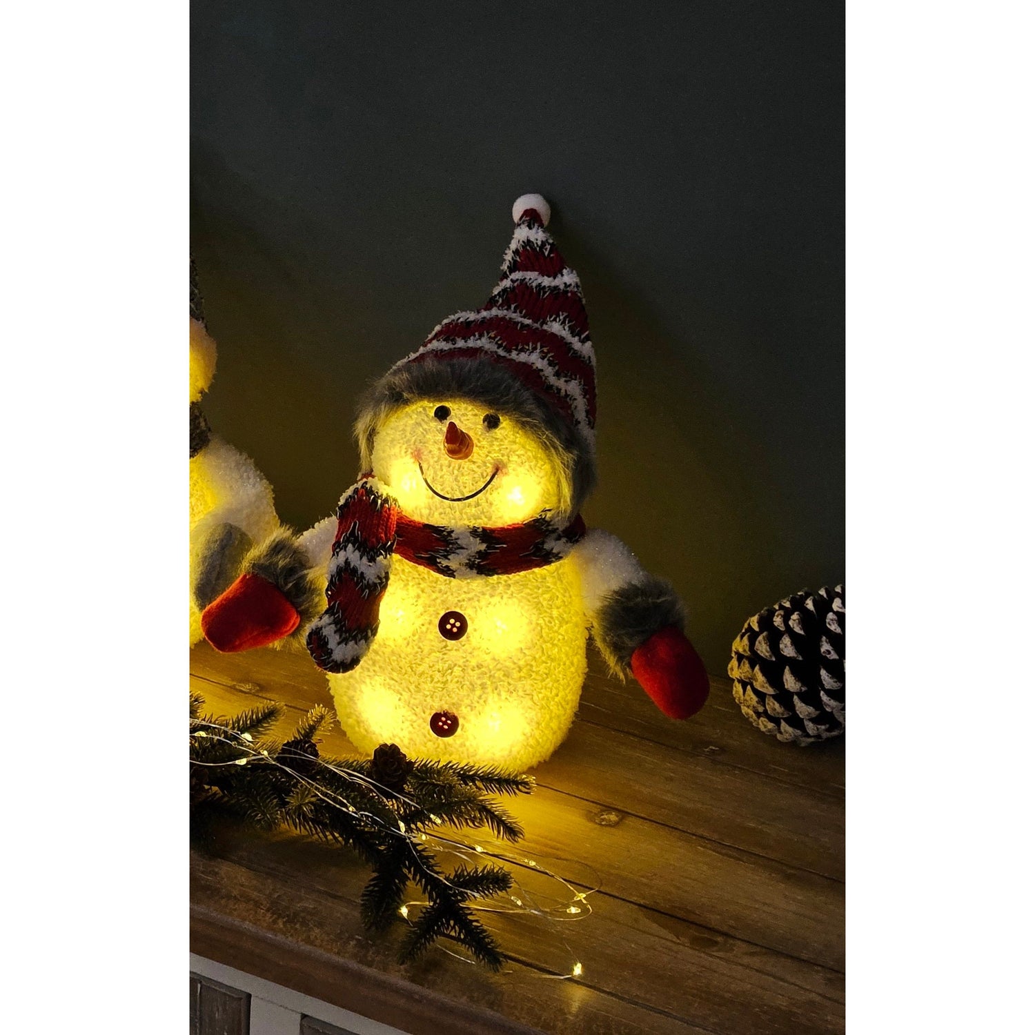 Snowman with warm white LED lighting scarf & hat red Christmas decoration H 20 cm