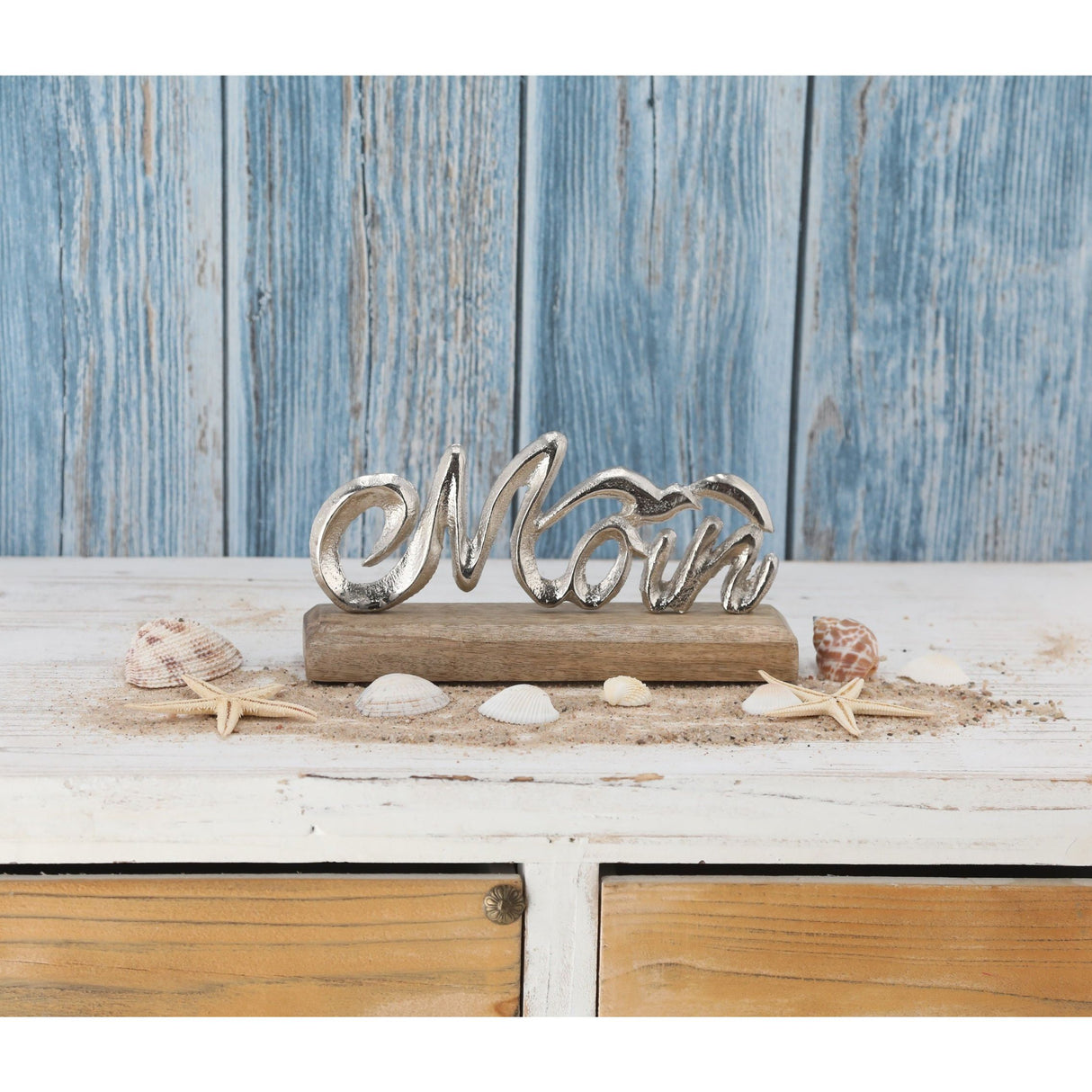 Schriftzug Moin Möwe Dekoschriftzug Mangoholz Aluminium Holz Silber 23x11x5 cm