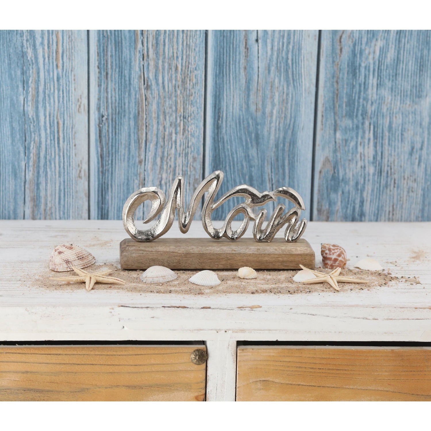 Schriftzug Moin Möwe Dekoschriftzug Mangoholz Aluminium Holz Silber 23x11x5 cm