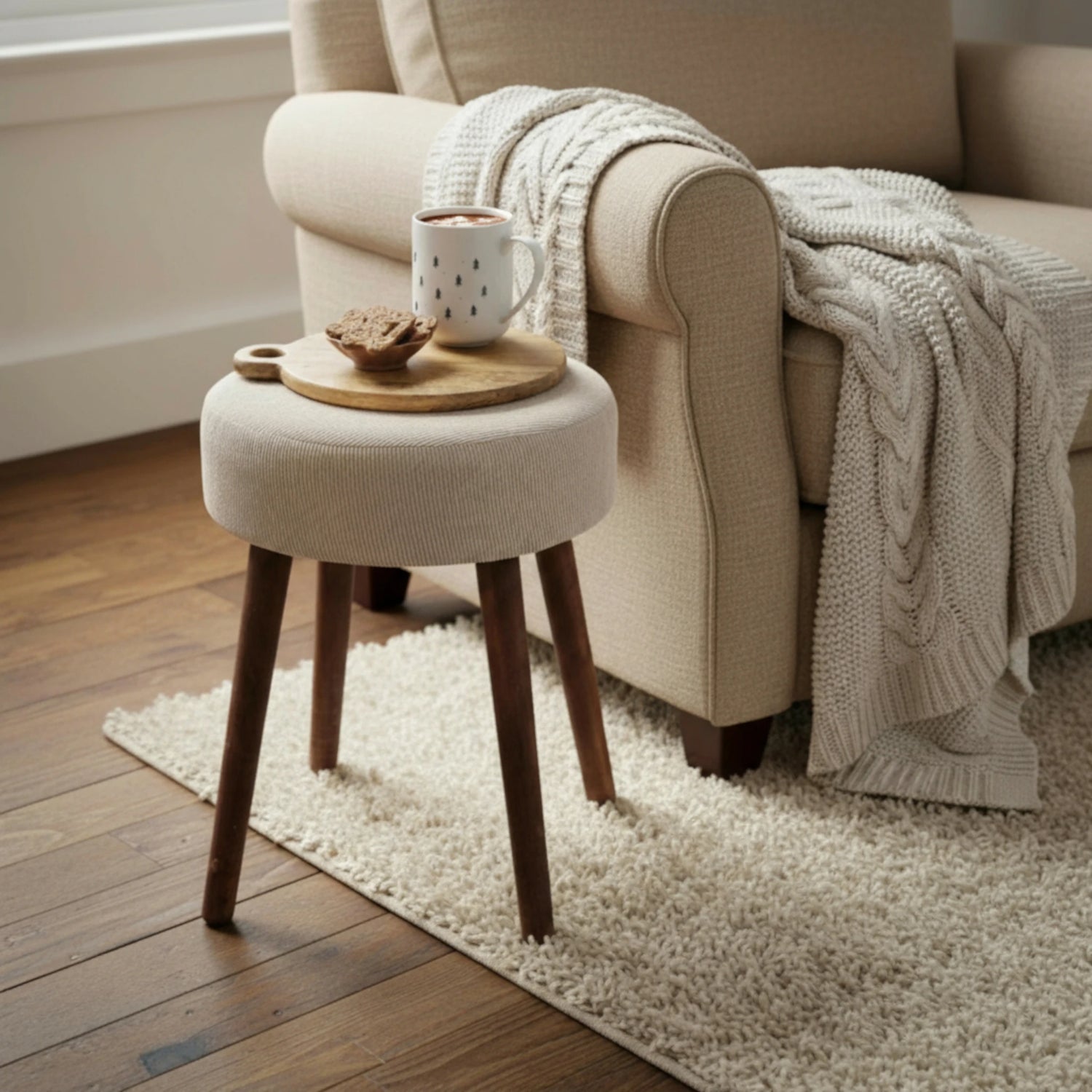 Hocker Fußhocker Polsterhocker Cord Holzbeine Sitzhocker rund beige 35x45 cm