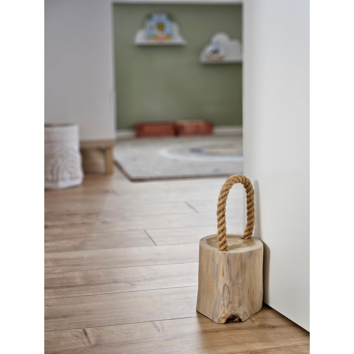 Door stop teak wood floor door buffer wooden trunk wood cord handle natural Ø 13 cm