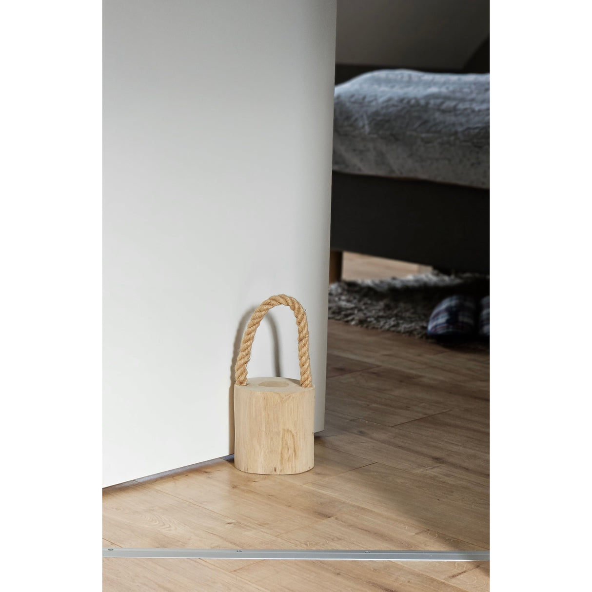 Door stop teak wood floor door buffer wooden trunk wood cord handle natural Ø 13 cm