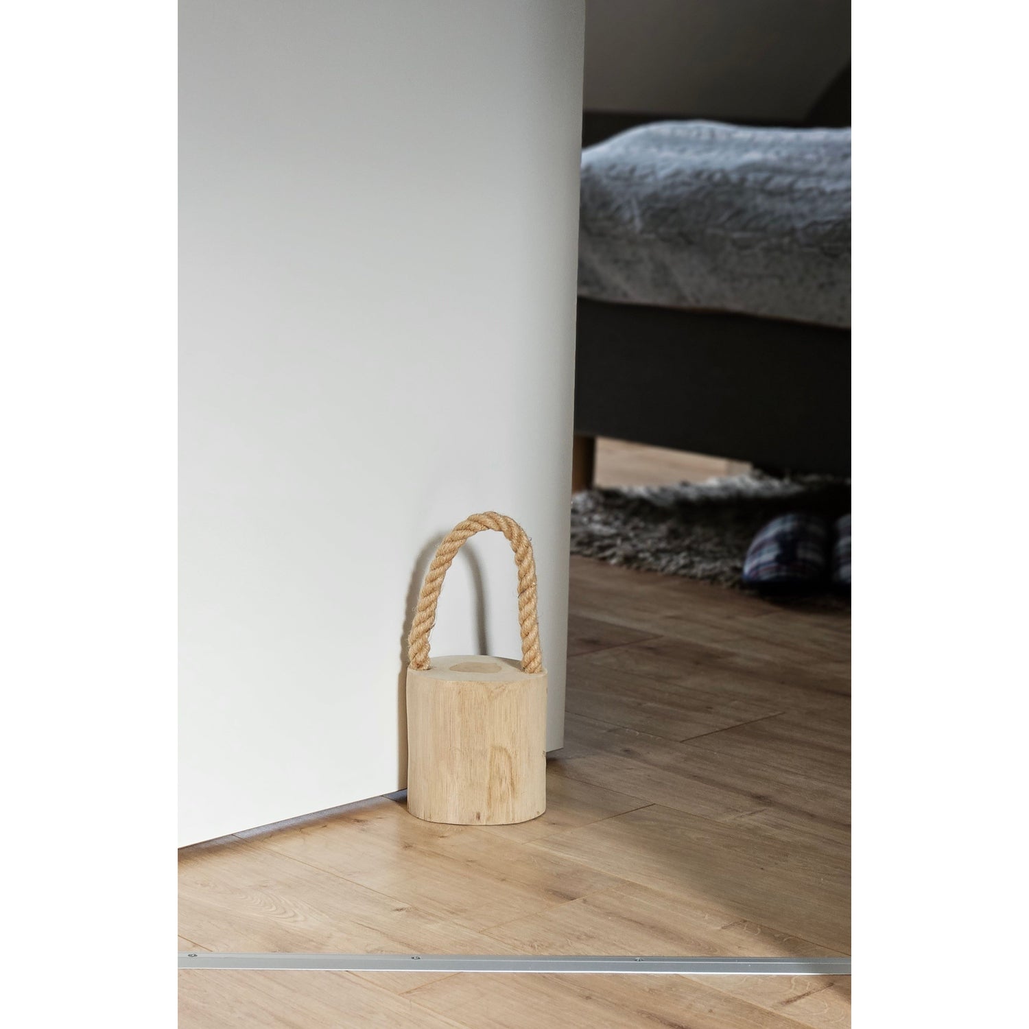 Door stop teak wood floor door buffer wooden trunk wood cord handle natural Ø 13 cm