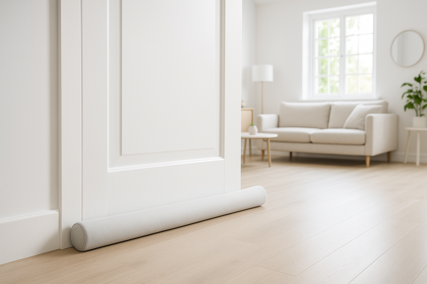 Zugluftstopper im Wohnzimmer mit weisser Tür. Dekobild