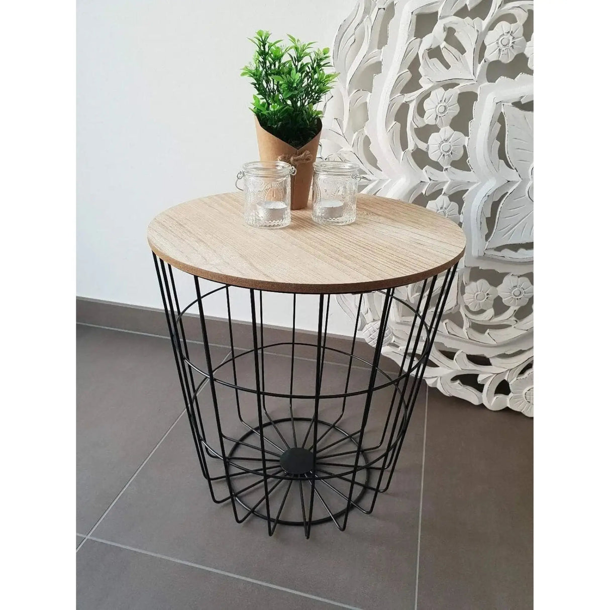 Beistelltisch Tisch mit Stauraum Ø 39 cm H=41 cm Metall/Holz Nachttisch Schwarz - Beistelltisch