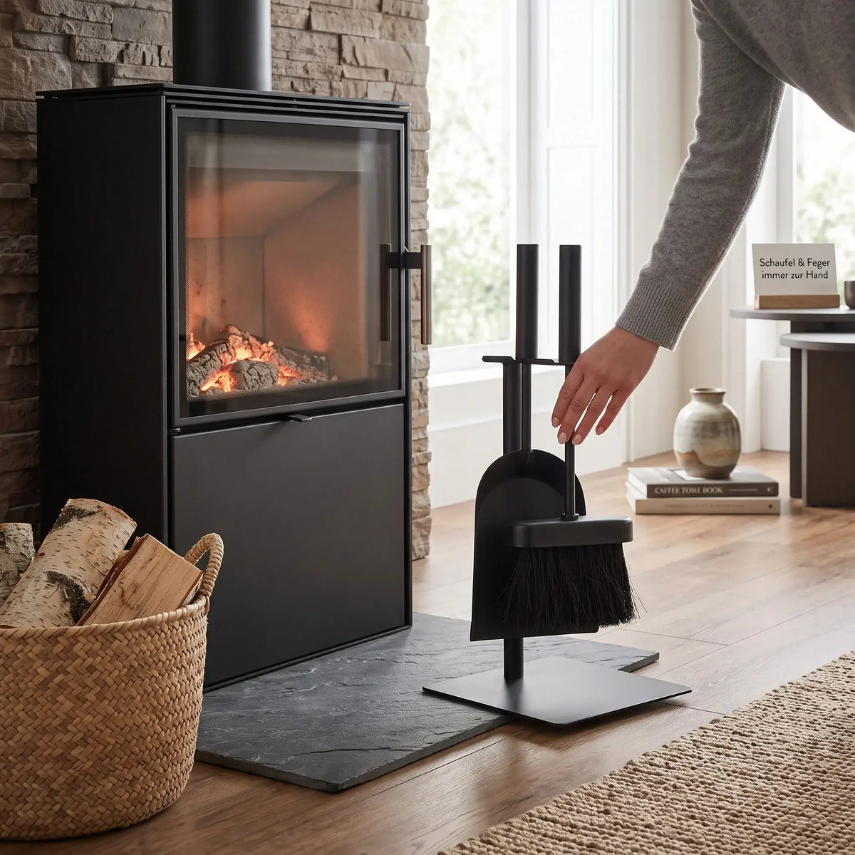 Kleines Kaminbesteck Schwarz – Platzsparendes Kaminzubehör mit Schaufel & Feger | Metall | 35 cm - Kaminbesteck
