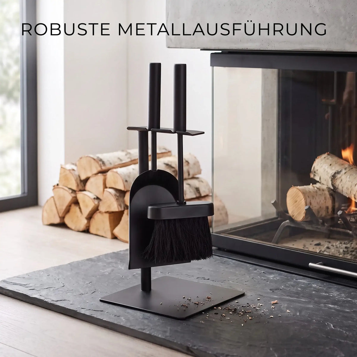 Kleines Kaminbesteck Schwarz – Platzsparendes Kaminzubehör mit Schaufel & Feger | Metall | 35 cm - Kaminbesteck