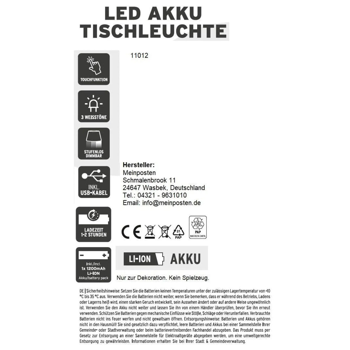 Lampe LED ohne Kabel Touch Tischleuchte Tischlampe Leuchte kabellos dimmbar - Lampe