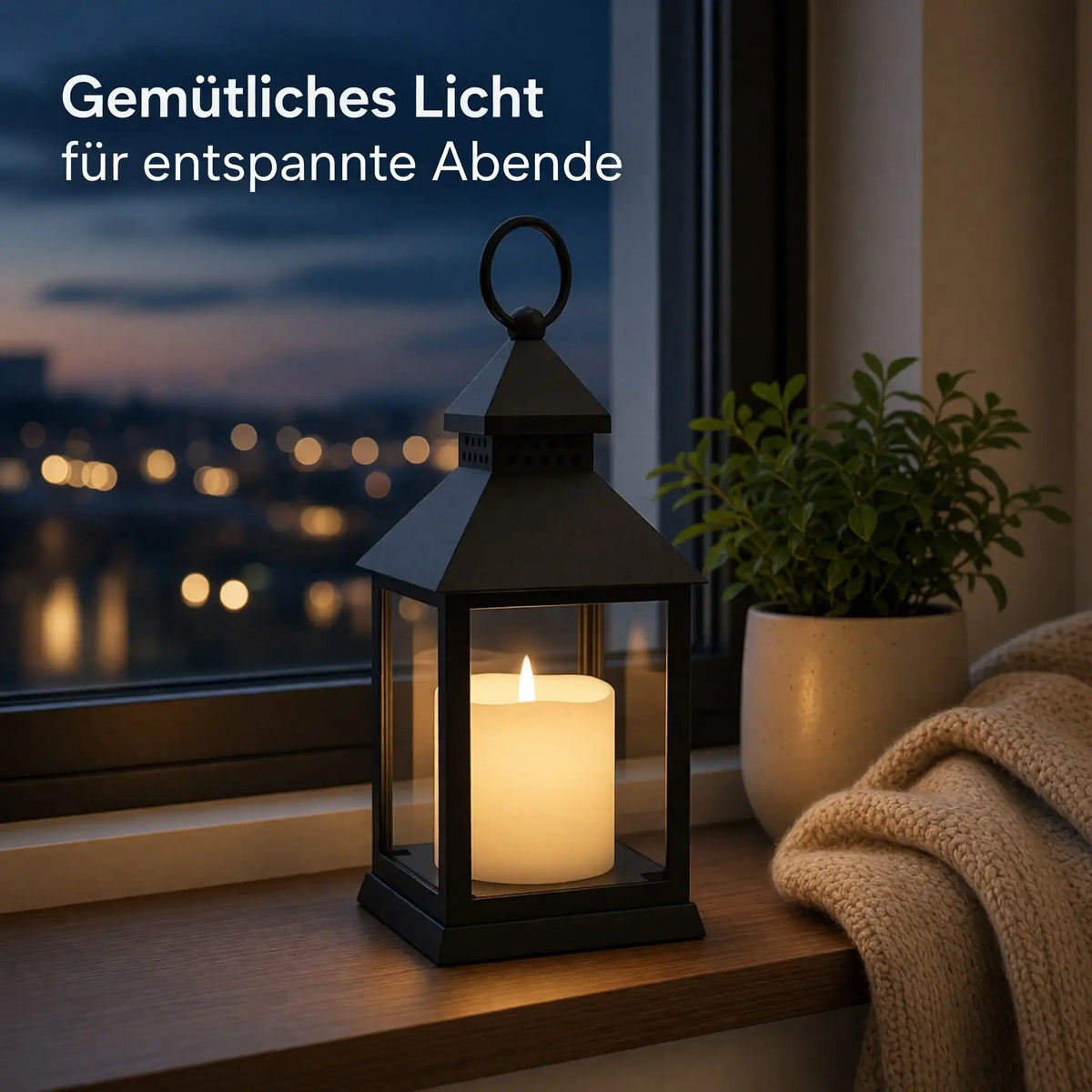 Laterne LED mit Timer batteriebetrieben flackerndes Licht Windlicht schwarz Deko - Laterne Windlicht