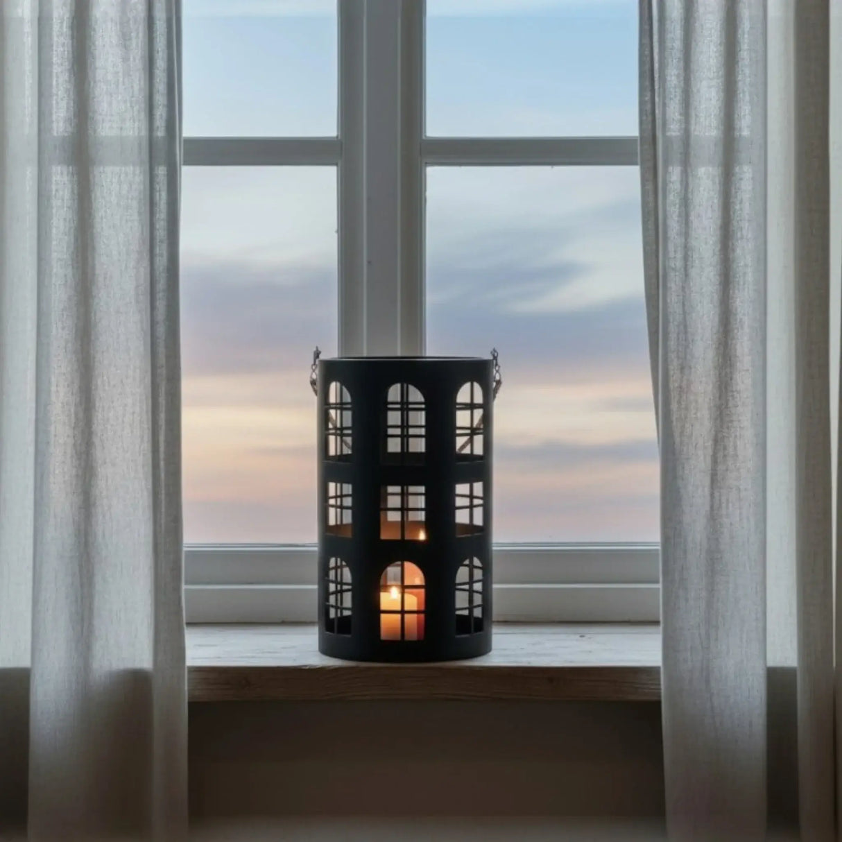 Laterne XXL Windlicht rund Haus schwarz weiß 40 cm Metall Kerzenhalter Industrial - Laterne Windlicht