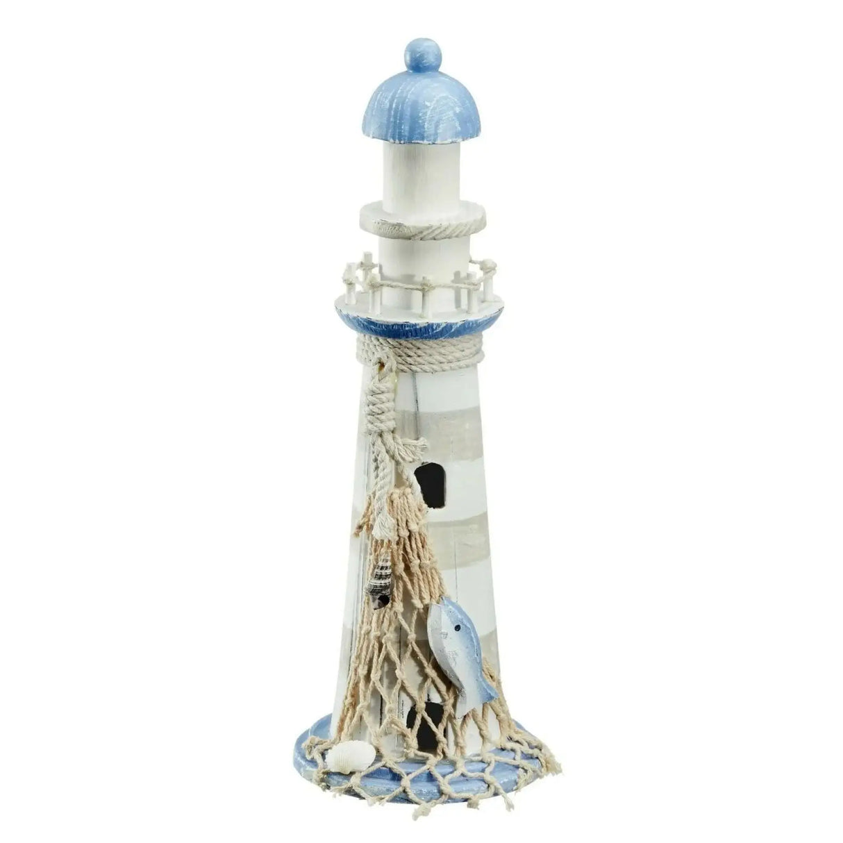 Leuchtturm Holz blau weiß Deko m. Muscheln & Netz Dekoration Strand Meer Maritim - Leuchtturm