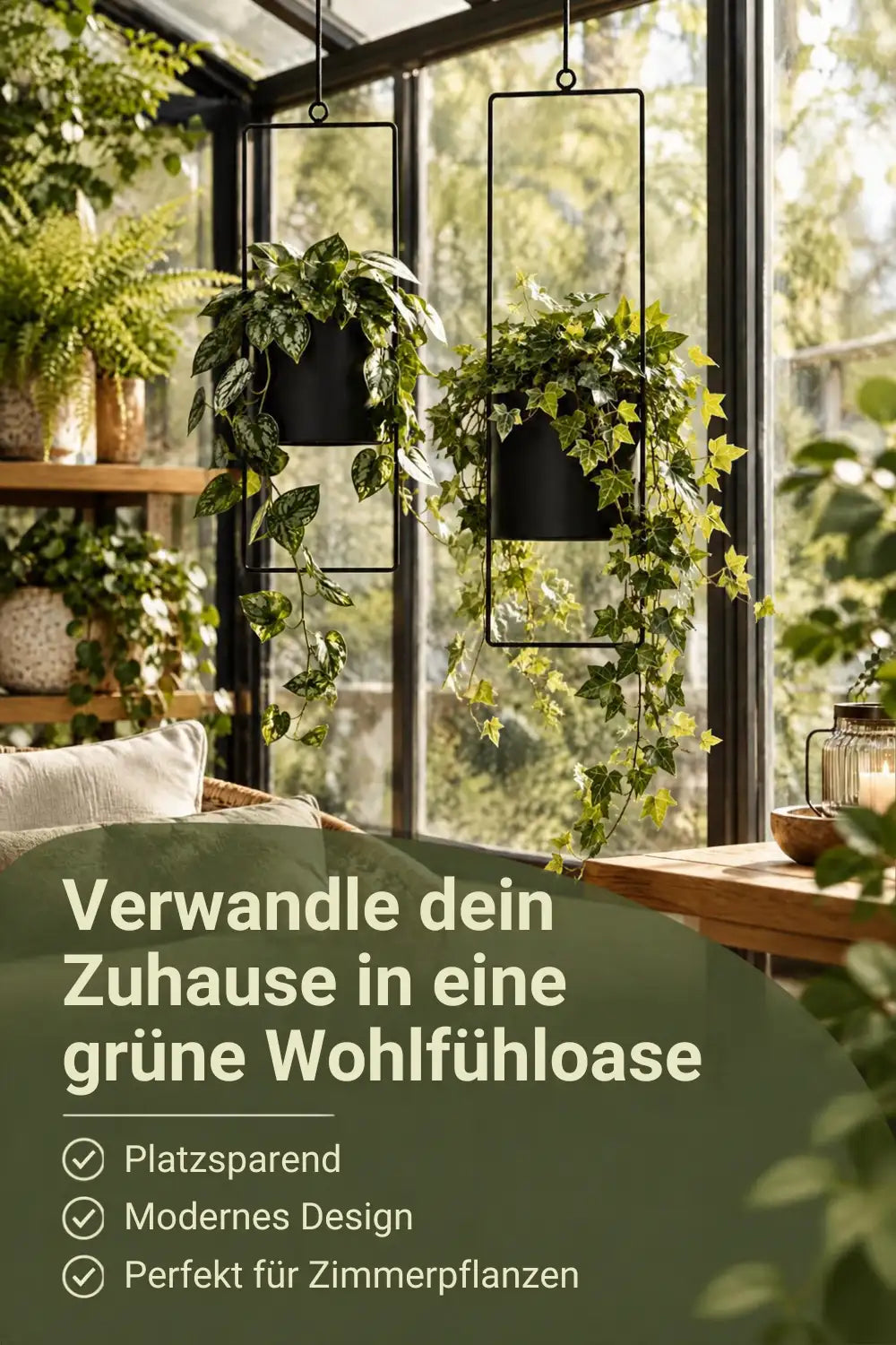 Schwarze Hängepflanzgefäße mit eleganten Metallrahmen.