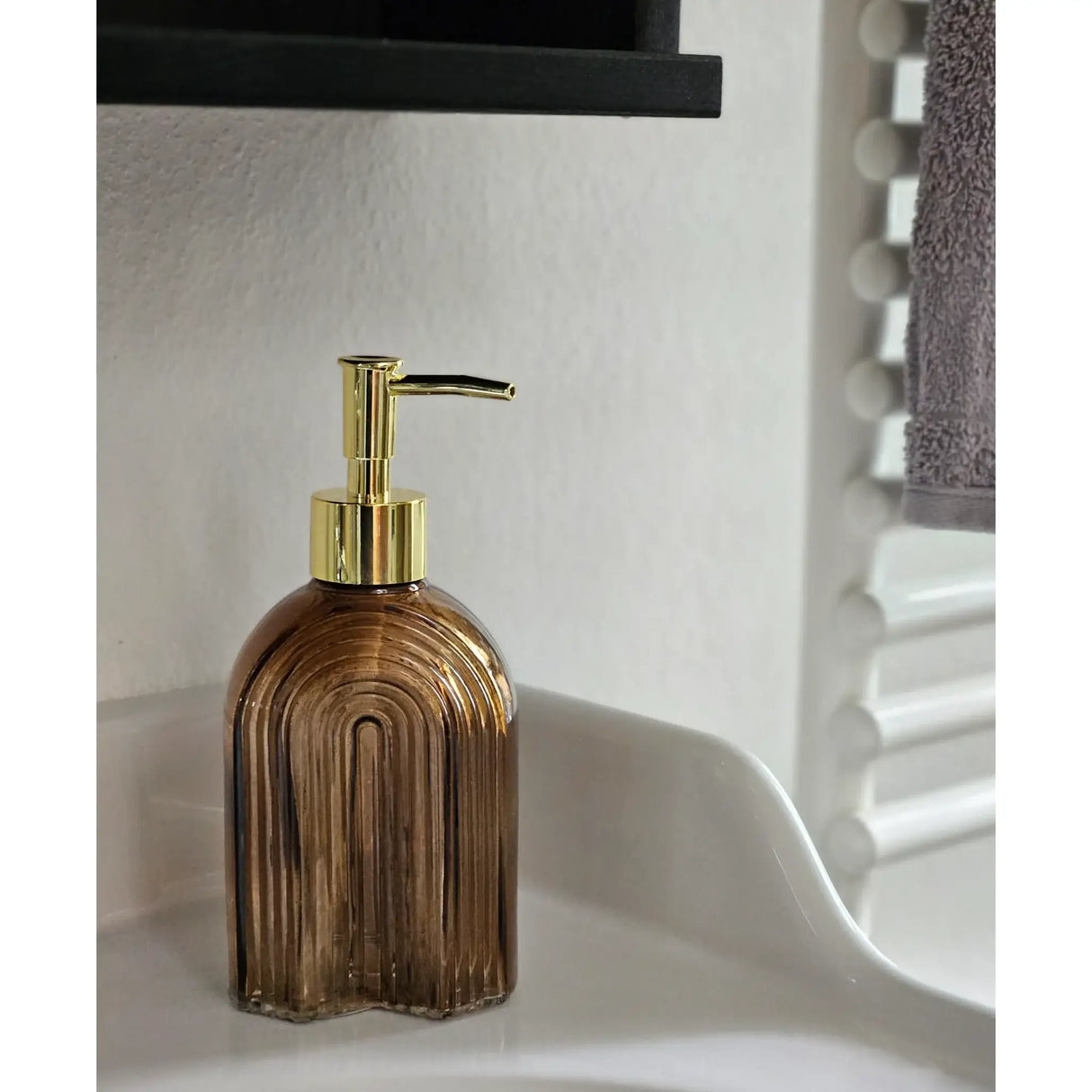 Seifenspender Retro braun beige gold Glas Pumpkopf Flüssigseifenspender 19 cm - Seifenspender