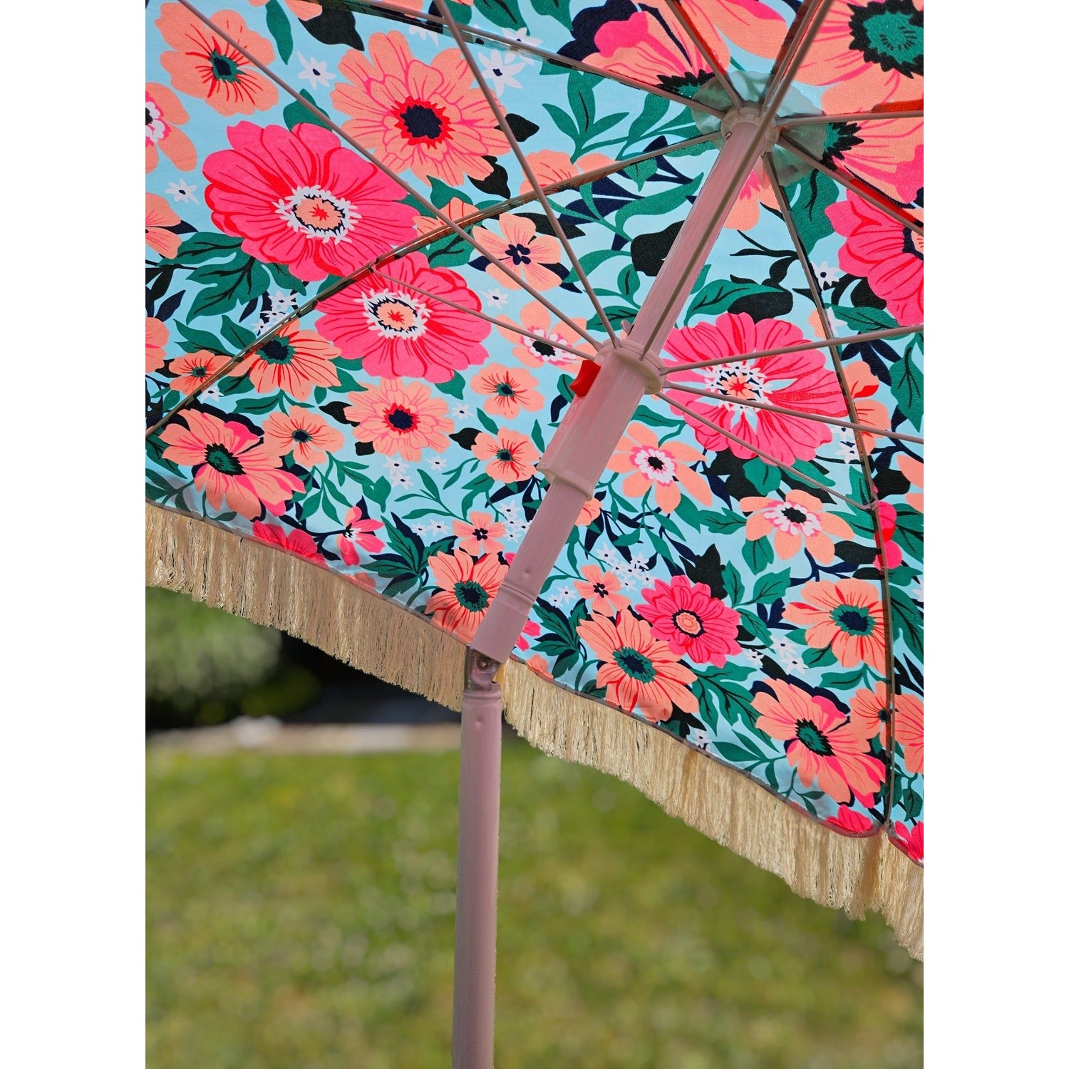 Parasol beach umbrella UV protection with bag fringes flowers Ø 155 cm
