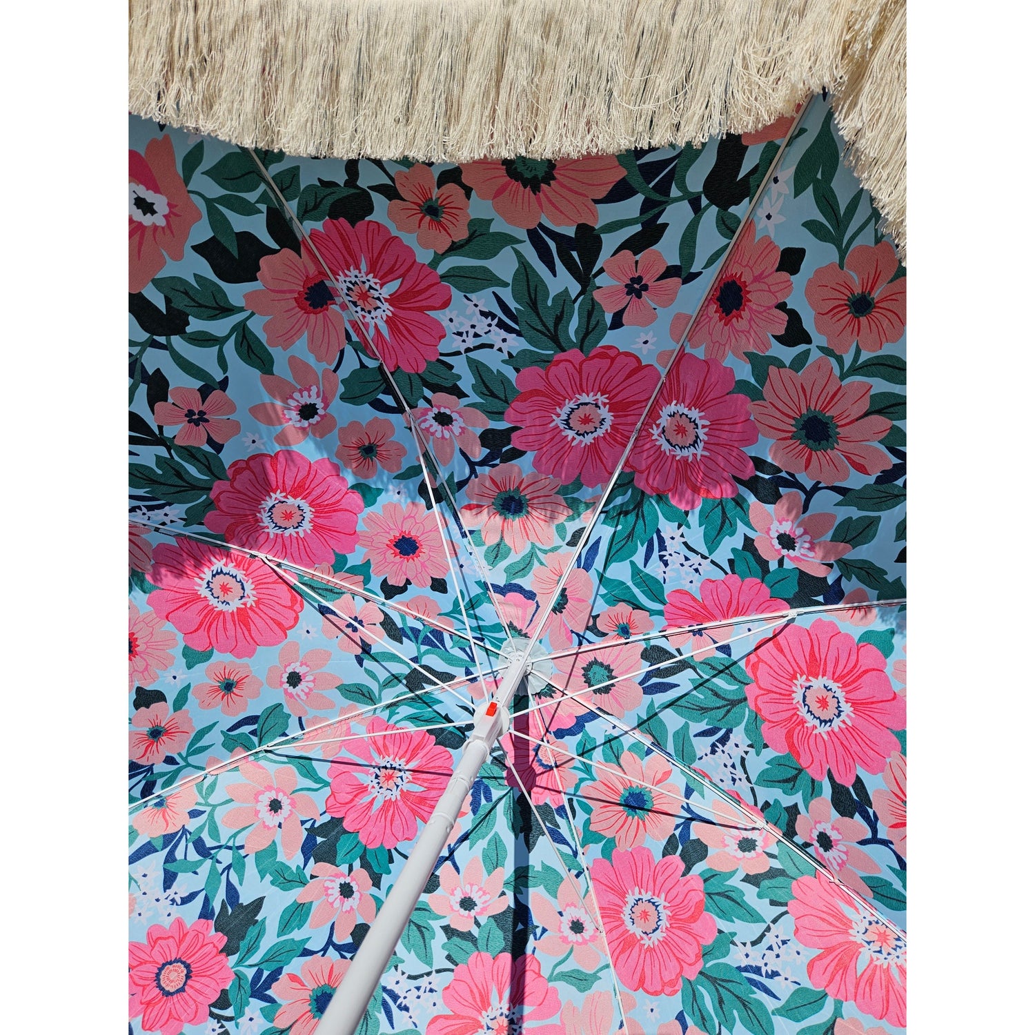 Parasol beach umbrella UV protection with bag fringes flowers Ø 155 cm