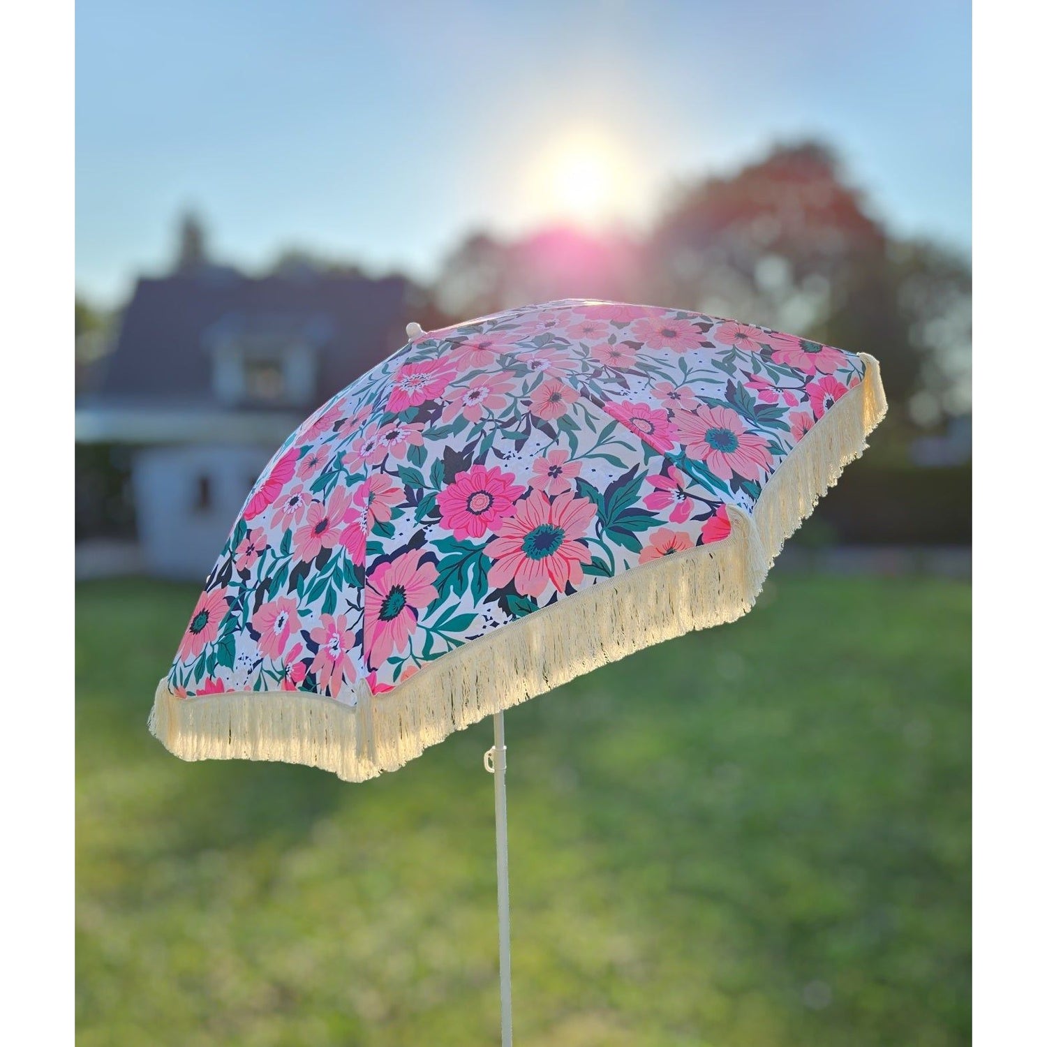 Parasol beach umbrella UV protection with bag fringes flowers Ø 155 cm