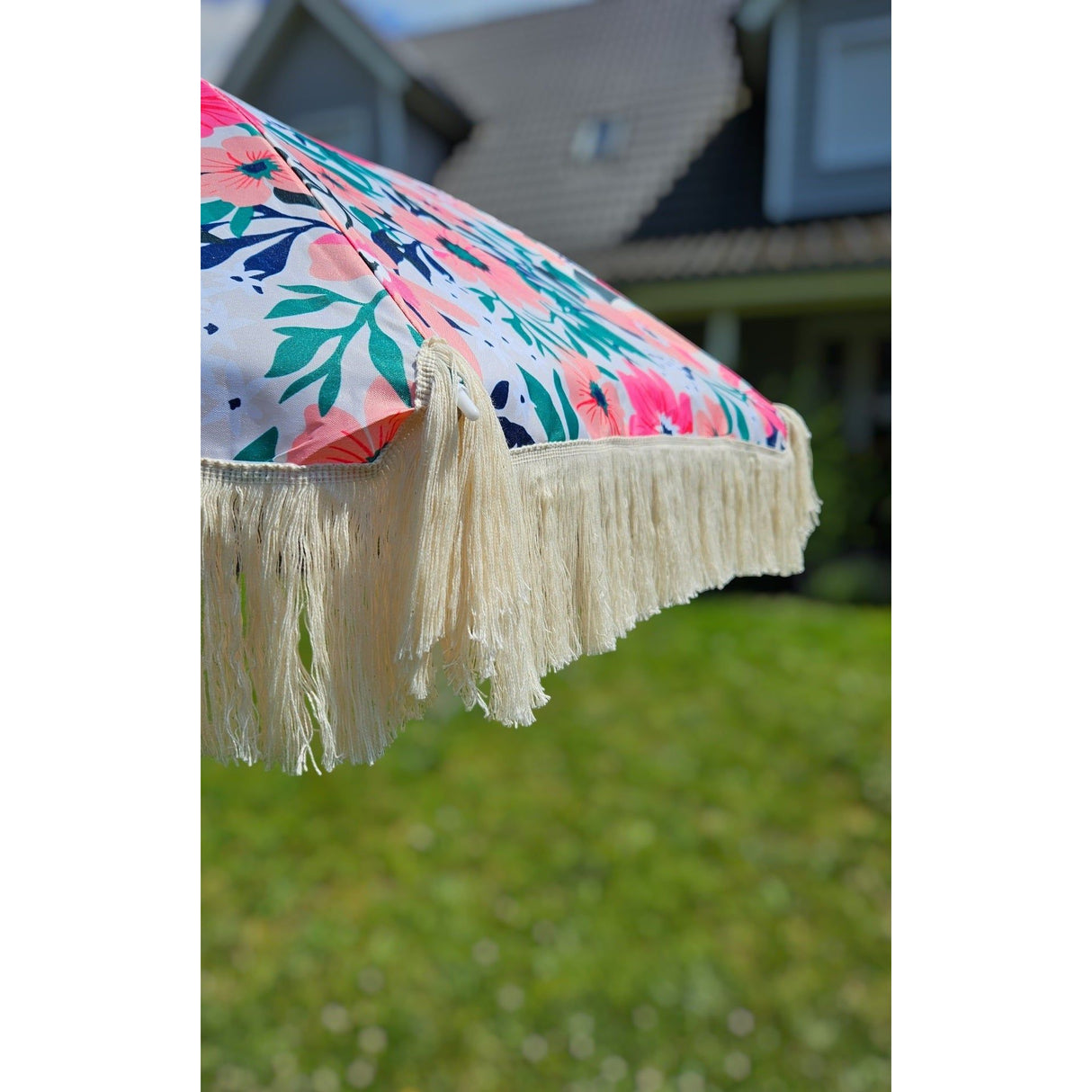 Parasol beach umbrella UV protection with bag fringes flowers Ø 155 cm