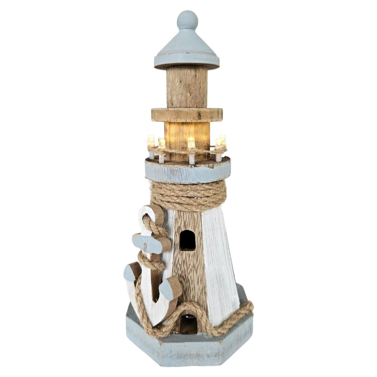 Lighthouse illuminated wooden LED decoration maritime anchor beach sea H 24 cm
