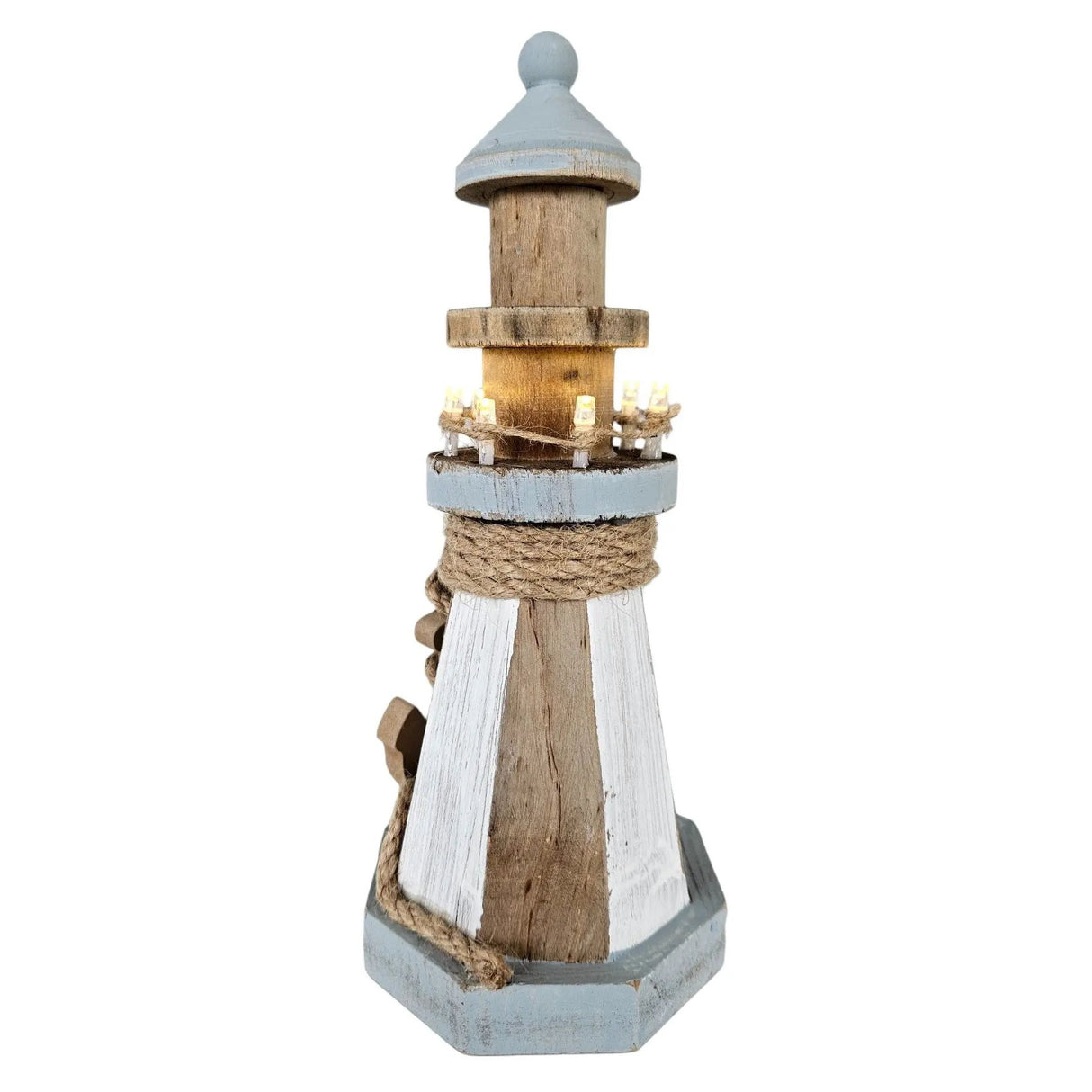 Lighthouse illuminated wooden LED decoration maritime anchor beach sea H 24 cm
