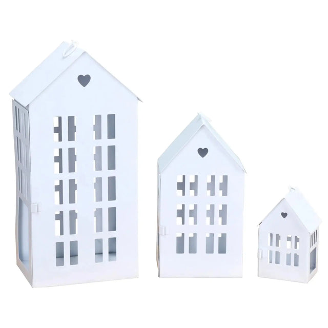 3 Laternenhäuser Windlicht Laternen Häuser Laterne Haus Metall weiß 3er SET - Windlicht Laternenhäuser