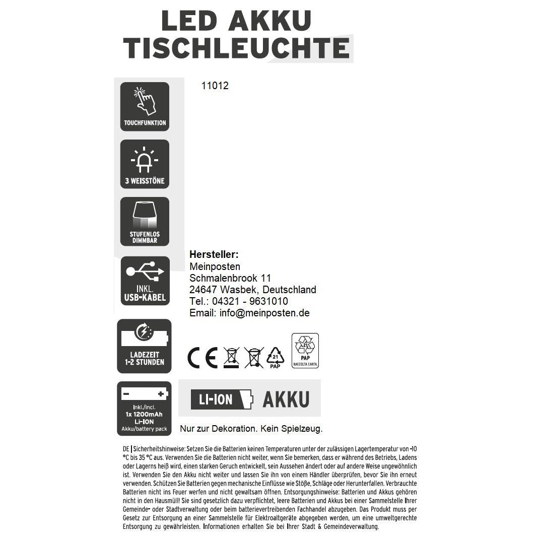 Lamp LED without cable touch table lamp table lamp light wireless dimmable 