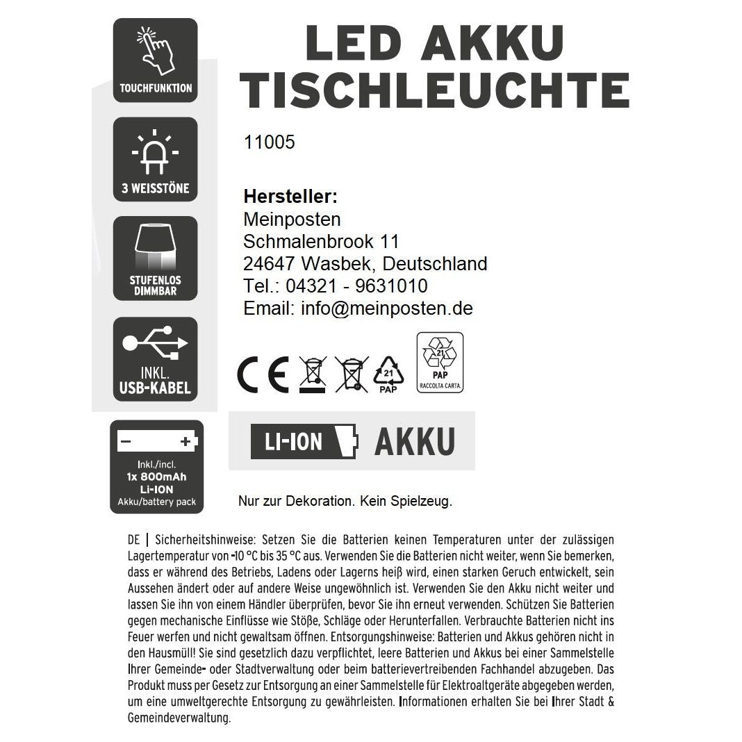 Lamp LED without cable touch table lamp table lamp light wireless dimmable 