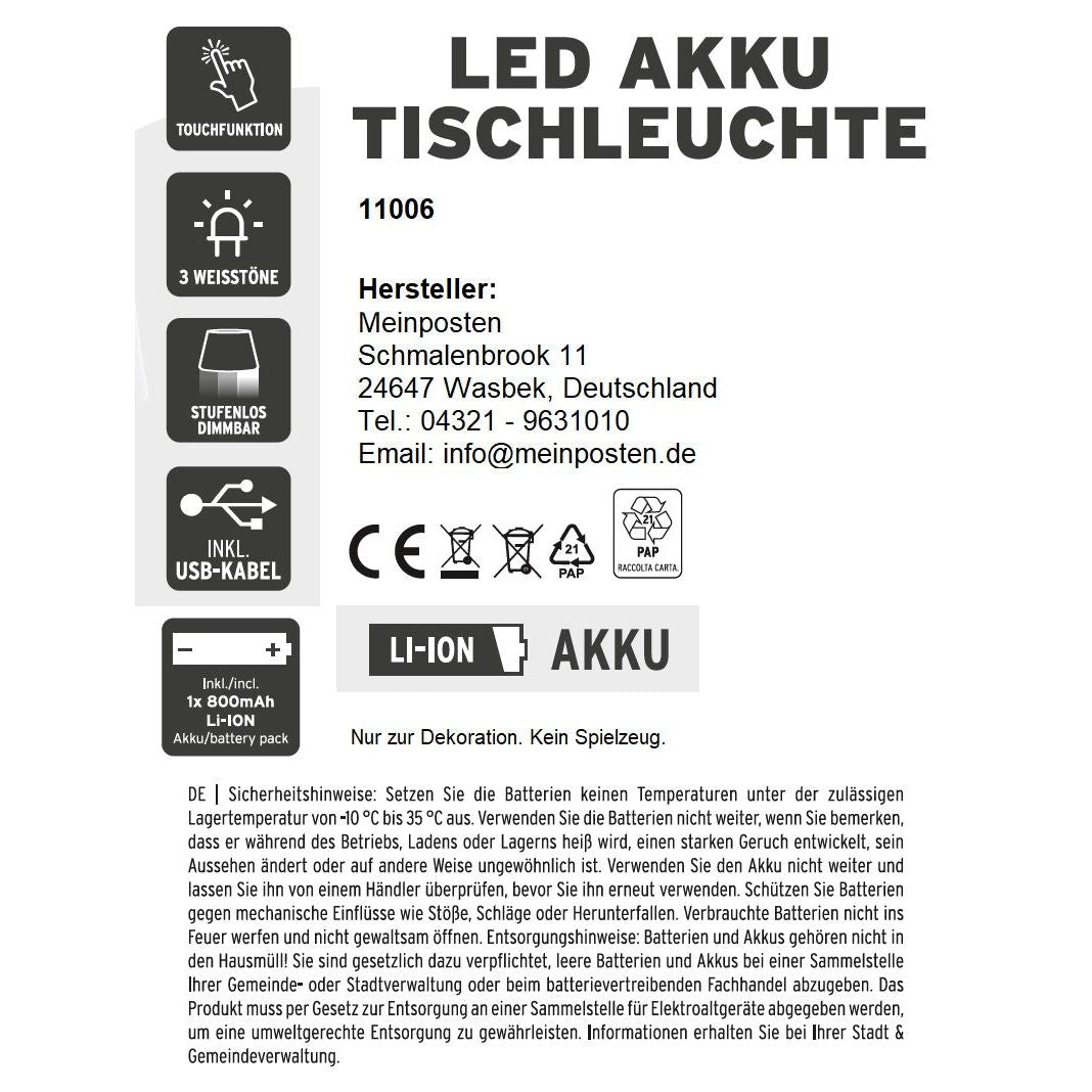 Lamp LED without cable touch table lamp table lamp light wireless dimmable 