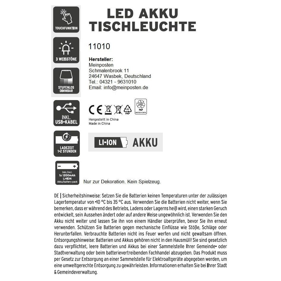 Lamp LED without cable touch table lamp table lamp light wireless dimmable 