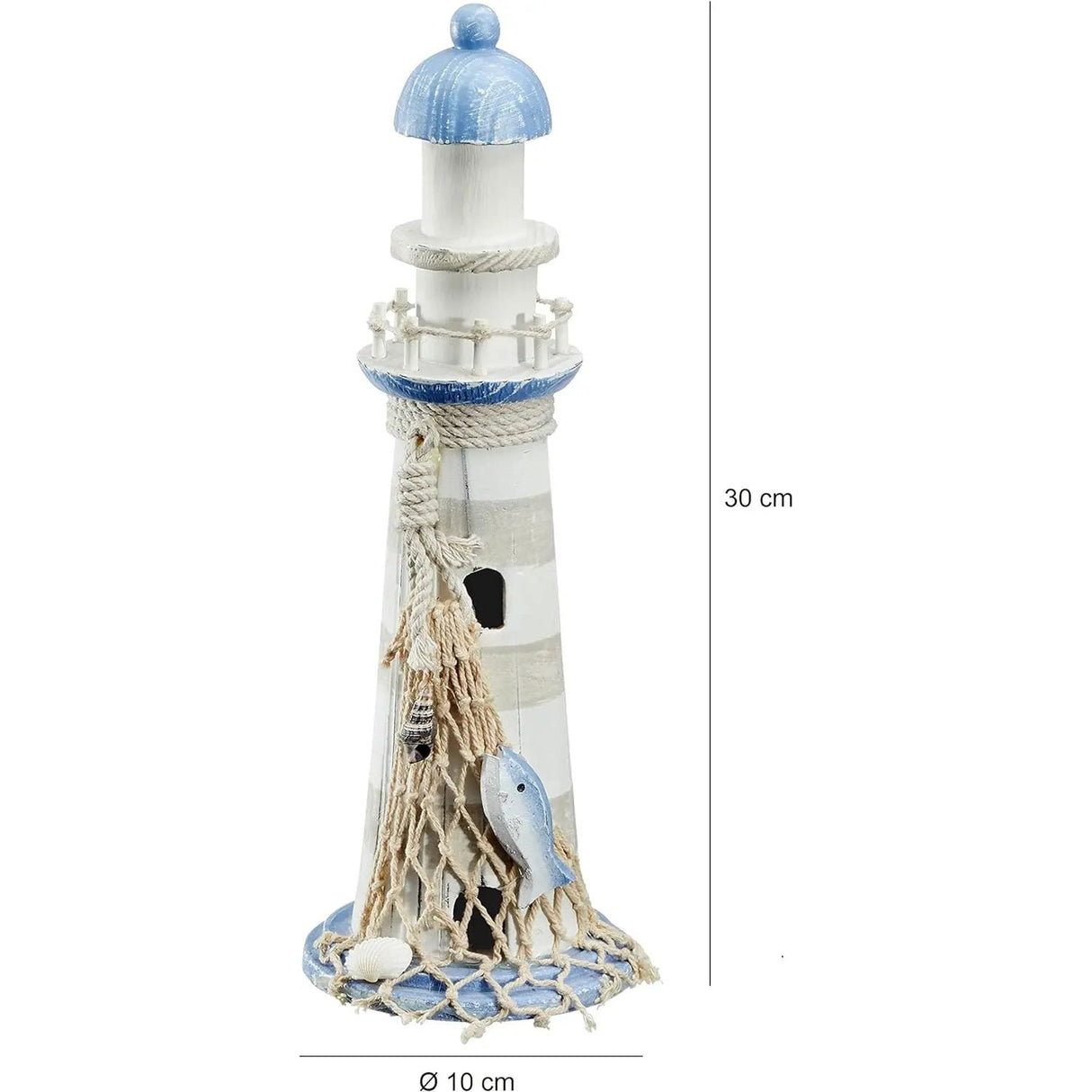 Lighthouse wood blue white decoration with shells &amp; net decoration beach sea maritime
