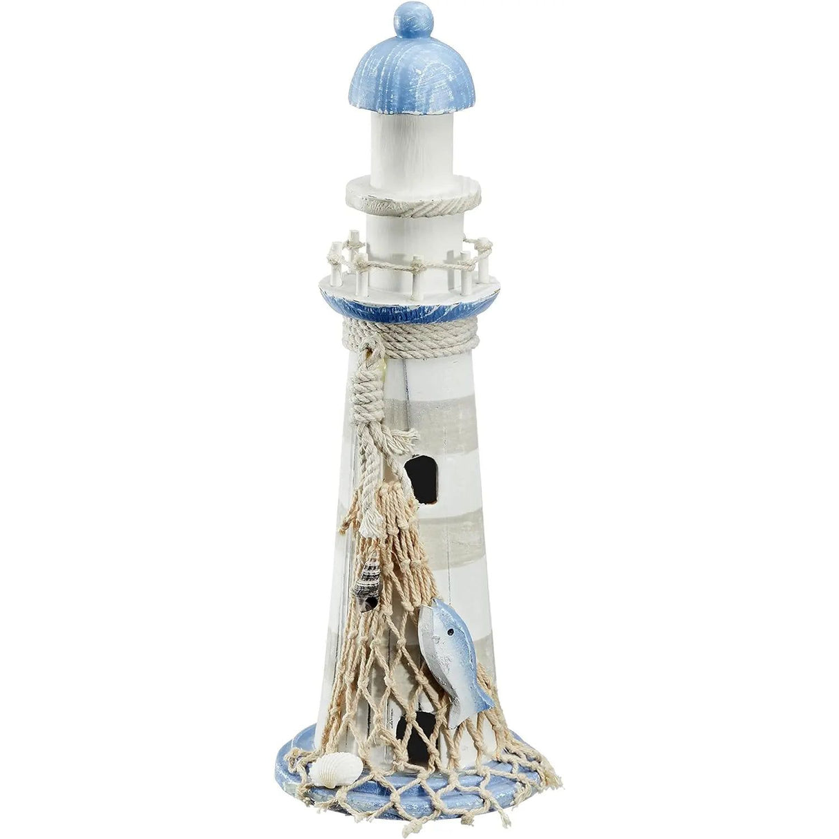 Lighthouse wood blue white decoration with shells &amp; net decoration beach sea maritime