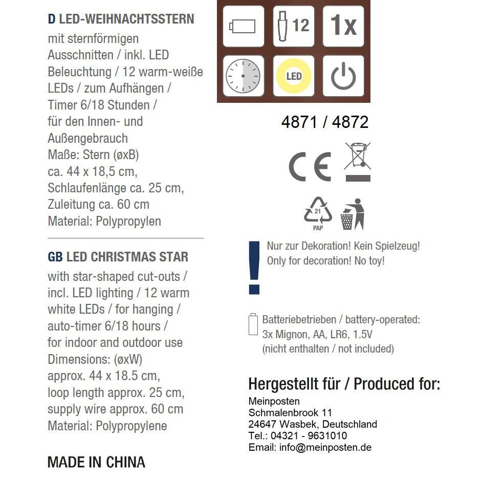 Star Christmas star 12 LED 44cm indoor outdoor timer red