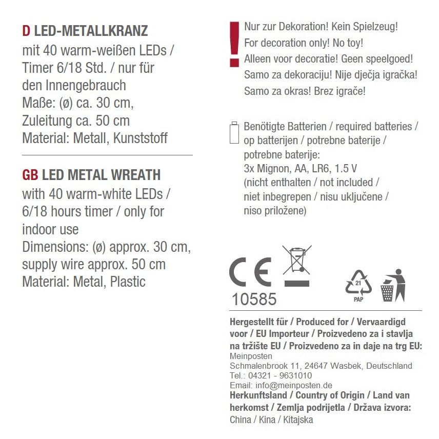 Weihnachtskranz LED Kranz Timer Batterie Lichterkranz warmweiß Leuchtkranz 30 cm