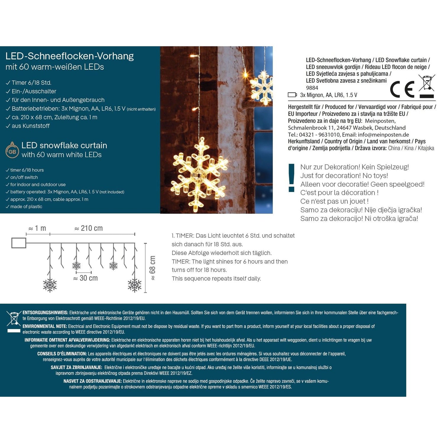 Fairy lights curtain snowflake LED battery timer 210 cm indoor - outdoor