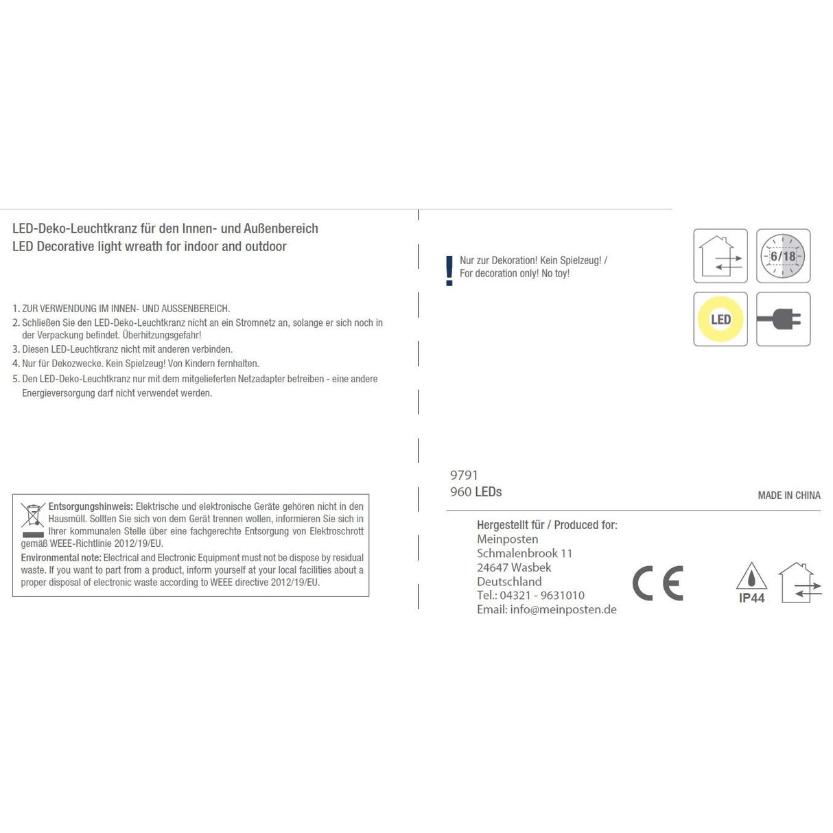Kranz LED Timer Weihnachtskranz Türkranz Weihnachtsdeko warmweiß in&outdoor 38cm