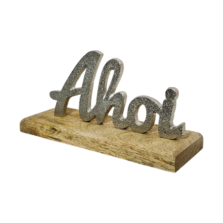 Schriftzug ahoi mit Mangoholz und Metall