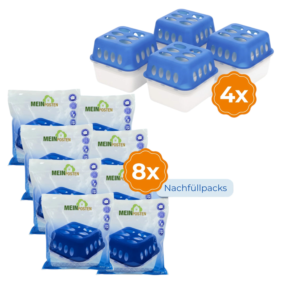 Dehumidifier 4x + 8x 400g refill packs. Room dehumidifier for bathrooms, basements, and more. Up to 60m²
