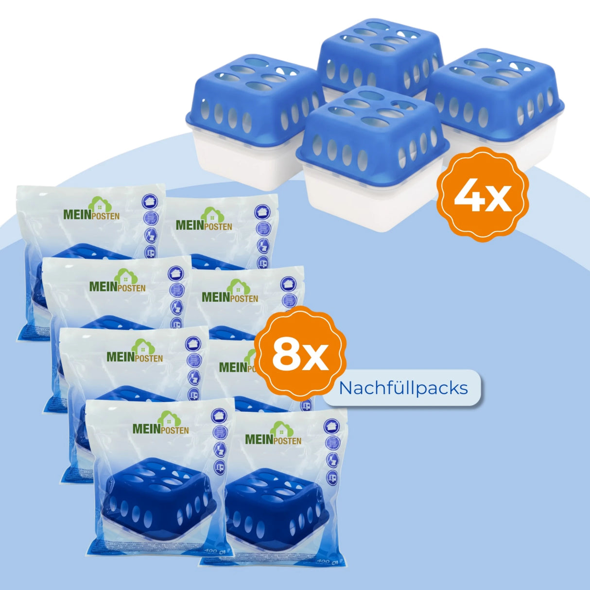 Dehumidifier 4x + 8x 400g refill packs. Room dehumidifier for bathrooms, basements, and more. Up to 60m²