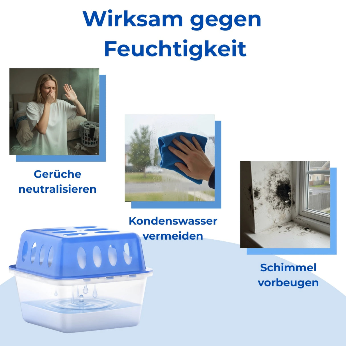 Dehumidifier 4x + 8x 400g refill packs. Room dehumidifier for bathrooms, basements, and more. Up to 60m²