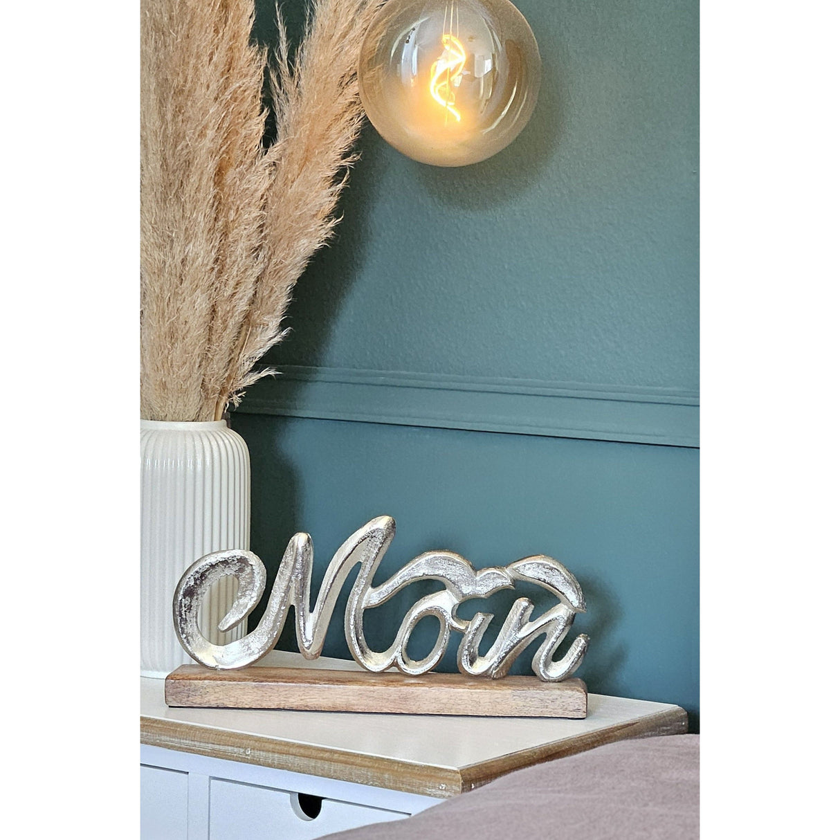 Schriftzug Moin Möwe Dekoschriftzug Mangoholz Schild Aluminium Holz Silber 33 cm