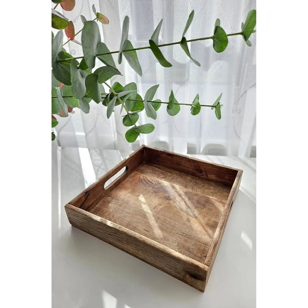 Serving tray decorative tray mango wood brown natural solid handle bowl square wood