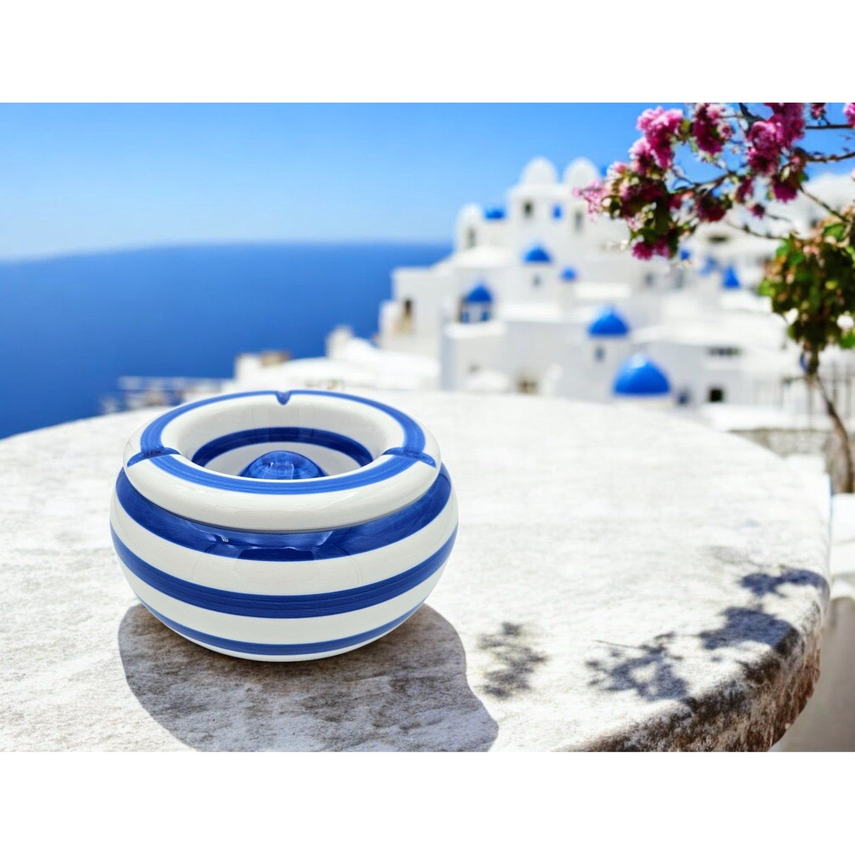 Sturmaschenbecher Mykonos M / XXL 23 cm Maritim blau weiß Aschenbecher gestreift