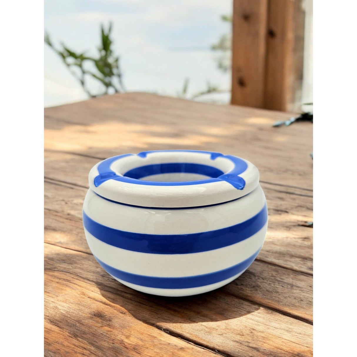 Sturmaschenbecher Mykonos M / XXL 23 cm Maritim blau weiß Aschenbecher gestreift