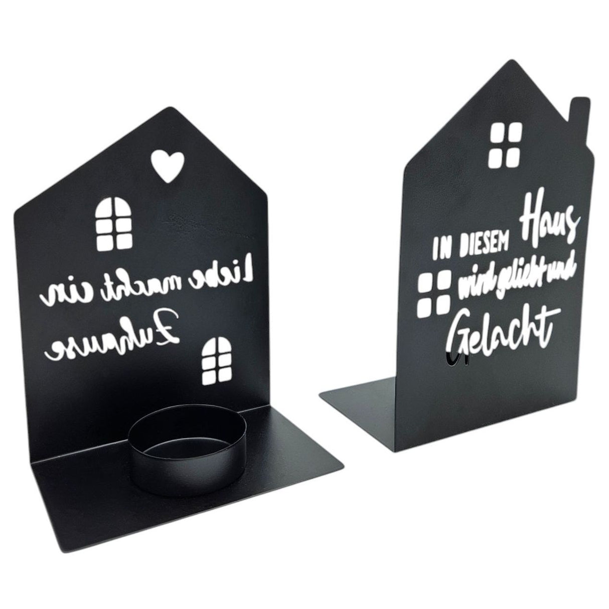 Teelichthalter Haus schwarz 2er Set Kerzenhalter Metall Zuhause Sprüche