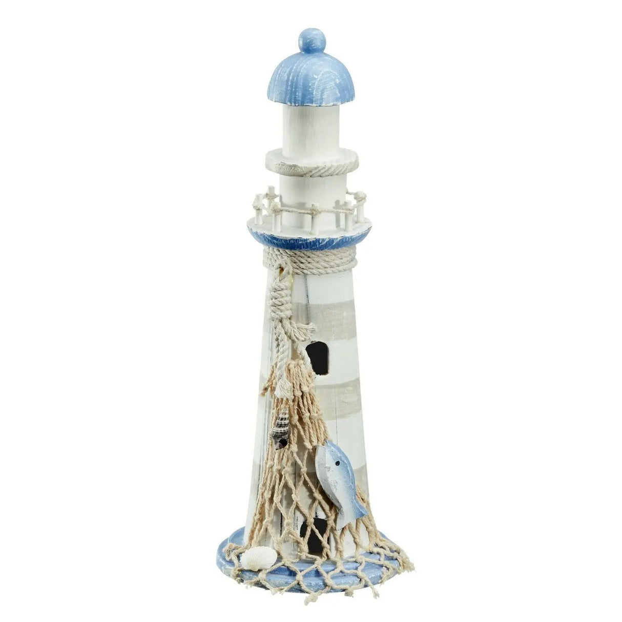 Lighthouse wood blue white decoration with shells &amp; net decoration beach sea maritime