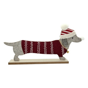 Dackel Filz Dekoration Weihnachten Aufsteller mit Glocke Hund auf Sockel 47 cm - Aufsteller