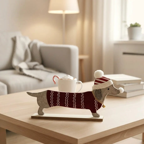 Dackel Filz Dekoration Weihnachten Aufsteller mit Glocke Hund auf Sockel 47 cm - Aufsteller