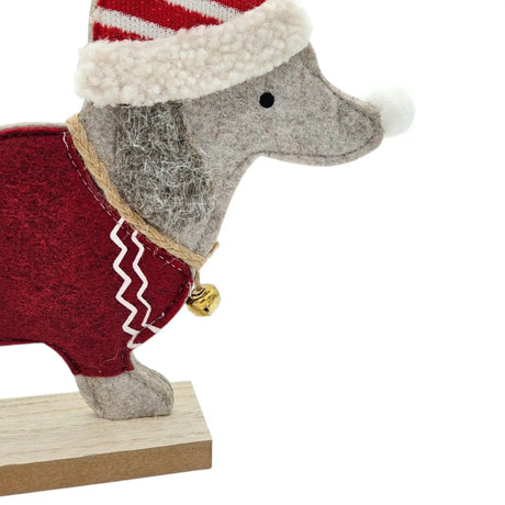Dackel Filz Dekoration Weihnachten Aufsteller mit Glocke Hund auf Sockel 47 cm - Aufsteller