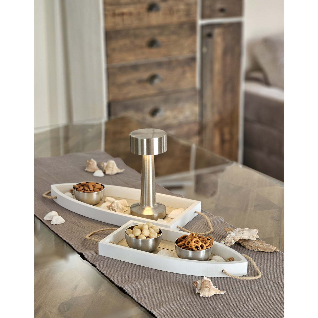 Tablett Boot Schale Set Wanddeko Maritim Kerzenteller Weiß Holz Hängend Kordeln