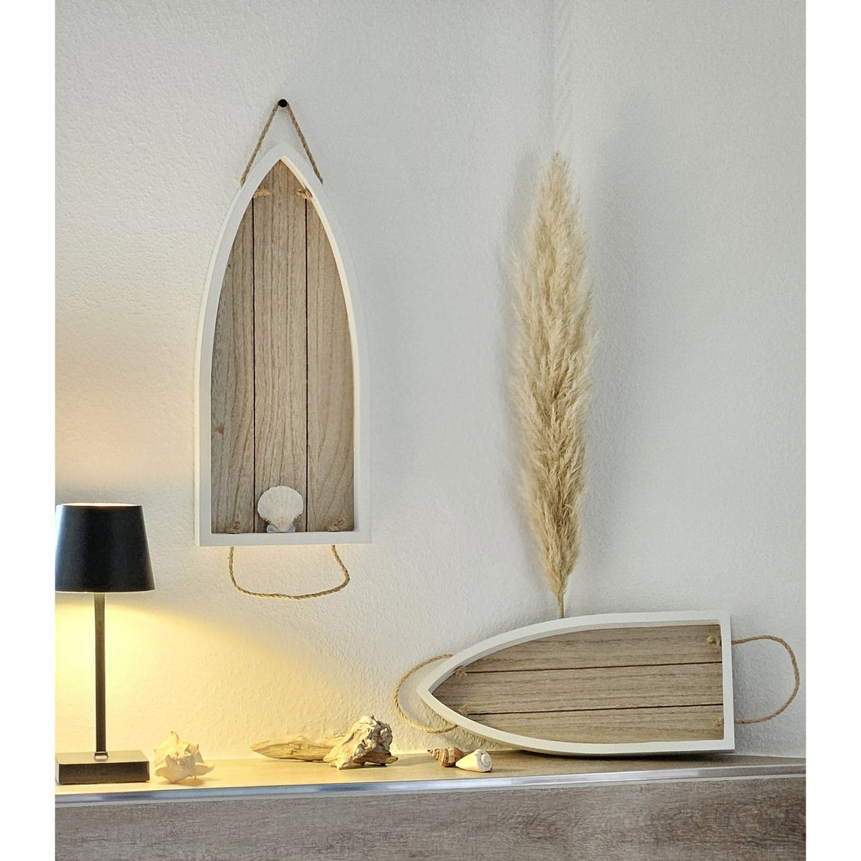 Tablett Boot Schale Set Wanddeko Maritim Kerzenteller Weiß Holz Hängend Kordeln