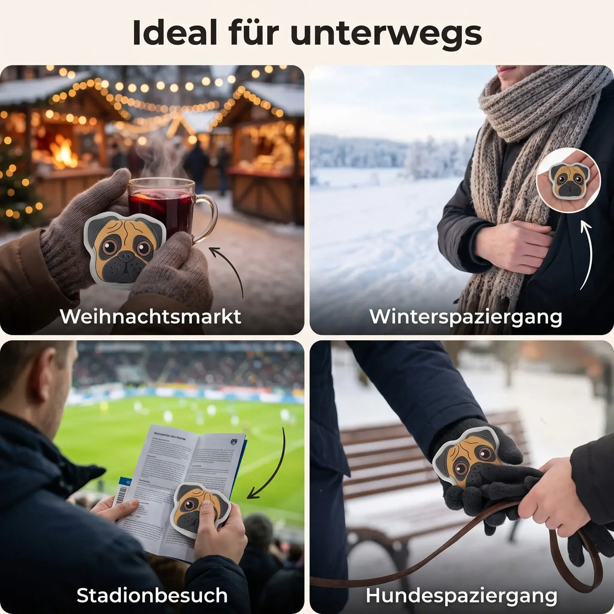 Handwärmer Mops 3er Set – wiederverwendbare Taschenwärmer - Handwärmer